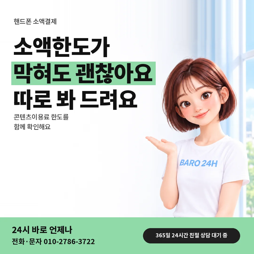 BARO 24H 티셔츠를 입은 3D 인물 옆에 「핸드폰 결제 안내 카드」 제목을 얹은 안내 카드
