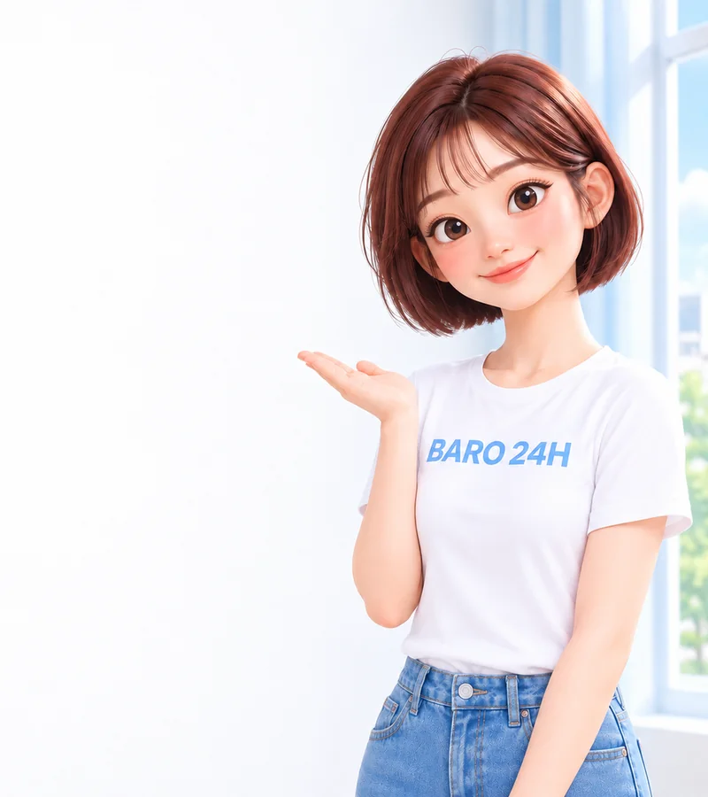 휴대폰을 들고 상담을 안내하는 BARO 24H 티셔츠 차림의 20대 3D 인물