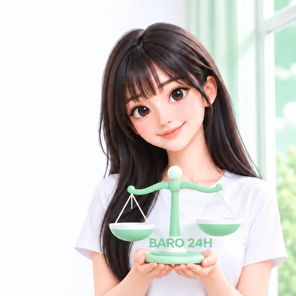 저울을 들고 안내 내용을 비교해 보는 3D 인물